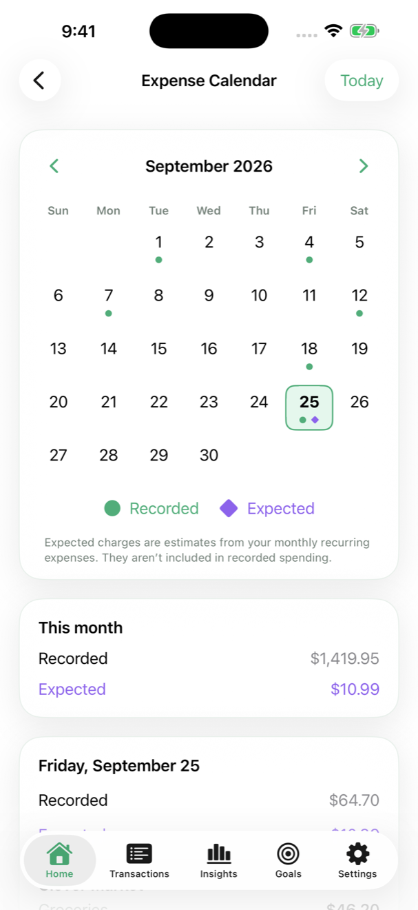 Clarity’s expense calendar distinguishes recorded expenses from expected recurring charges.
