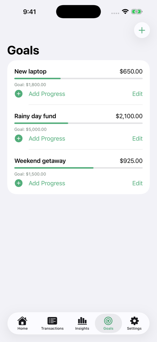 Savings goals for a weekend getaway, rainy day fund, and new laptop, with manually recorded progress.