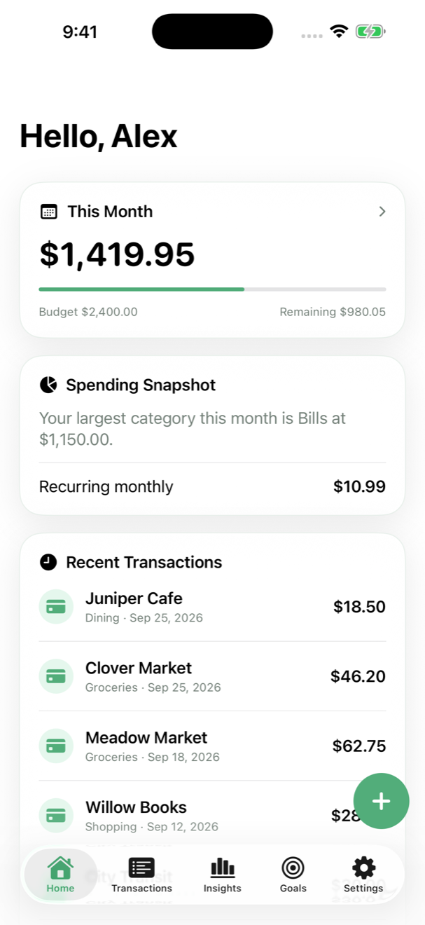 Clarity dashboard showing Alex’s monthly spending, remaining budget, and recent expenses using sample data.